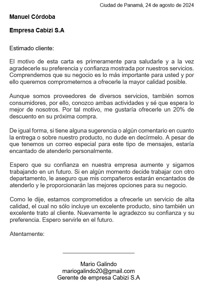 carta de agradecimiento a un cliente